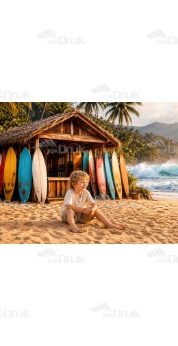 Tło fotograficzne „Surf shack na tropikalnej plaży z deskami surfingowymi” | 4051